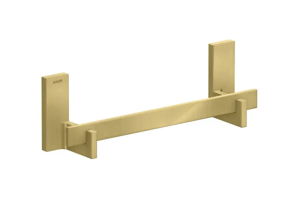 Haltestange in gebürstetem Messing von AXOR, mit rechteckigem Design und zwei senkrechten Halterungen, montierbar an einer Wand.
